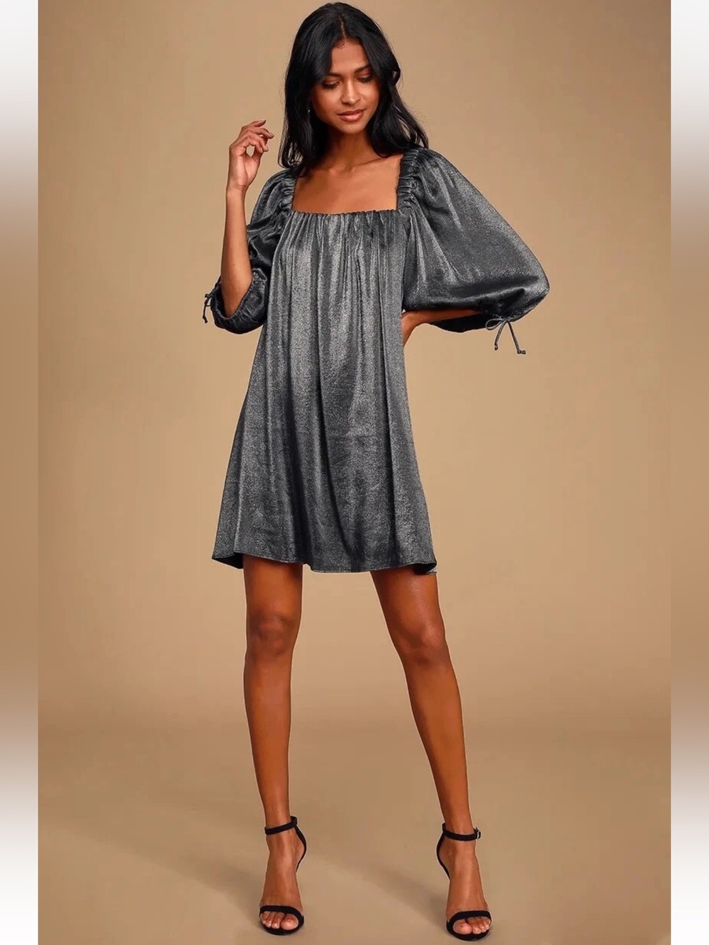Free People Mara Metallic Puff Sleeve Shift Dress size L
